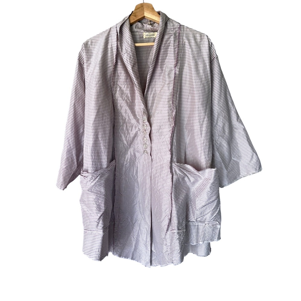 Krista Larson‎ Silk Purple Gingham Duster Jacket Pockets Belt One Size Lagenlook